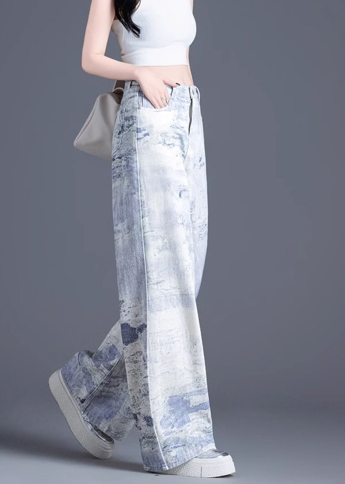 Blue Pockets Tie Dye High Waist Denim Pants Spring