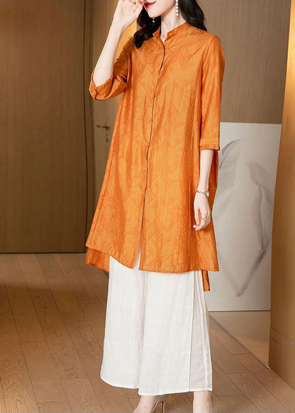 Yellow Stand Collar Oversized Silk Two Pieces Set Summer