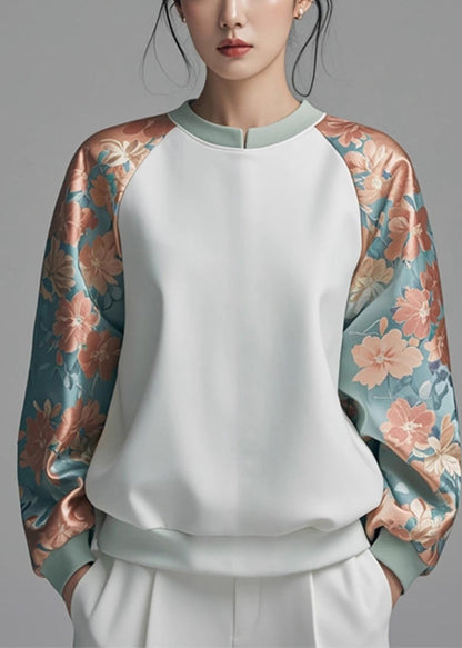 French White Print Patchwork Cotton Sweatshirt Spring