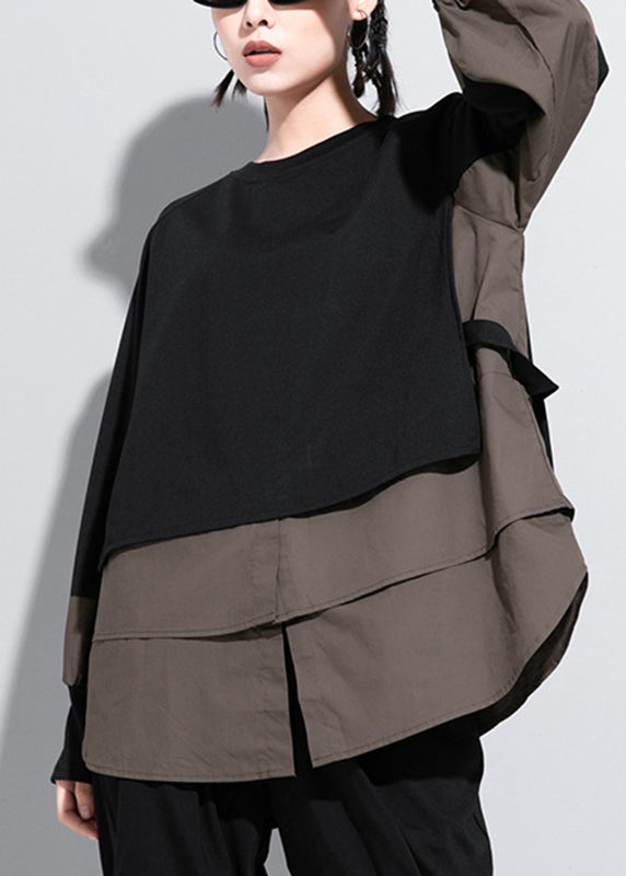 Handmade Army Green O-neck Patchwork Fake Two Pieces Shirt Spring