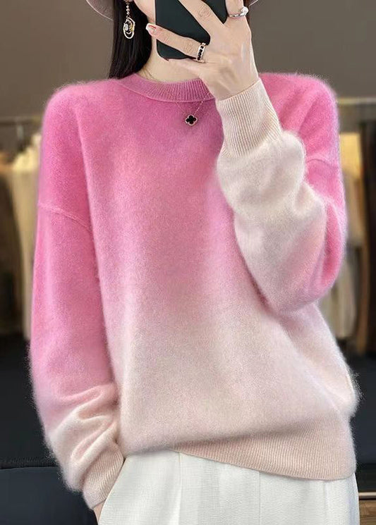 Pink Gradient Color O-neck Cozy Sweaters Long Sleeve