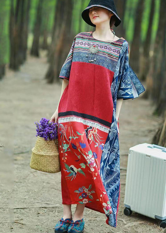Unique Red Style Patchwork Print Cotton Long Dress Short Sleeve