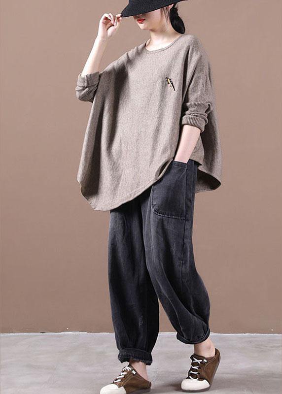 Simple Khaki O-neck Asymmetrical Design Fall Knitted Top