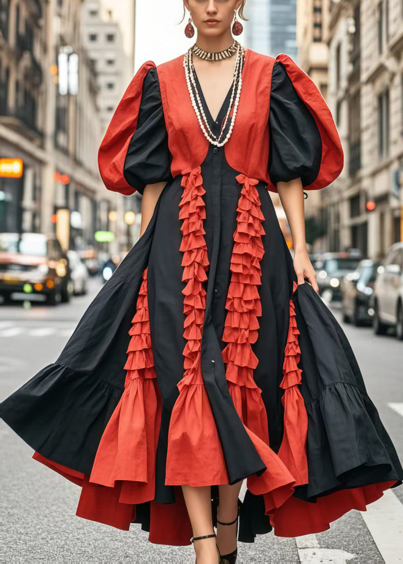 Colorblock Puff Sleeve Patchwork Ruffled Cotton Dress Vestidos