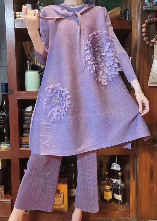 Boutique Purple O Neck Wrinkled Silk Two Pieces Set Spring