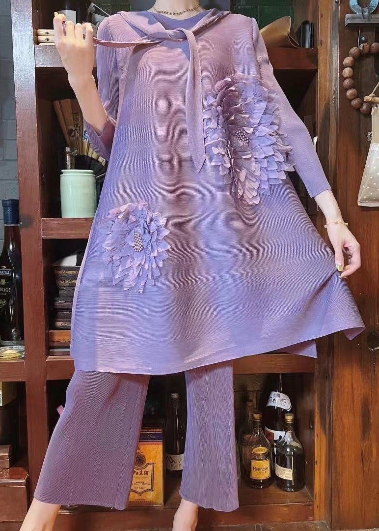 Boutique Purple O Neck Wrinkled Silk Two Pieces Set Spring