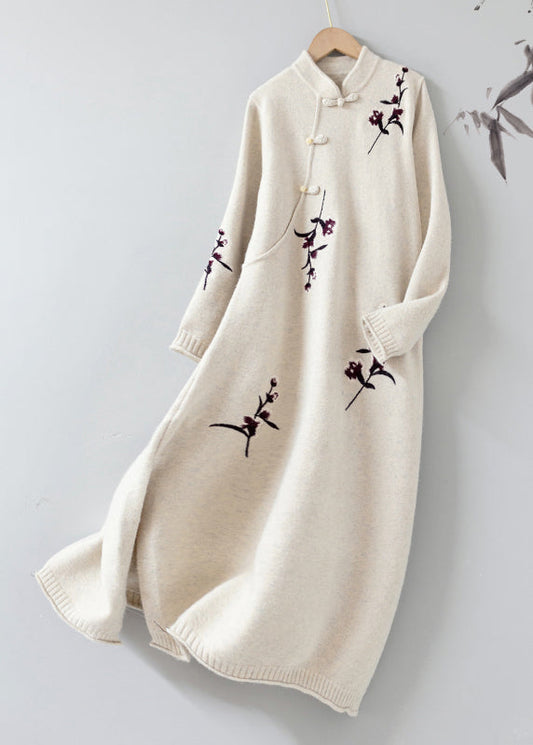 Apricot Stand Collar Embroideried Patchwork Woolen Knit Dress Fall