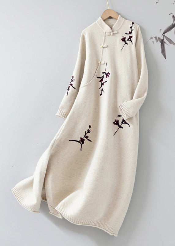 Apricot Stand Collar Embroideried Patchwork Woolen Knit Dress Fall