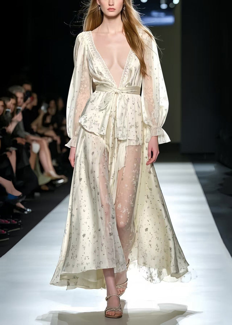 Apricot Deep-v Print Silk Holiday Dress Summer