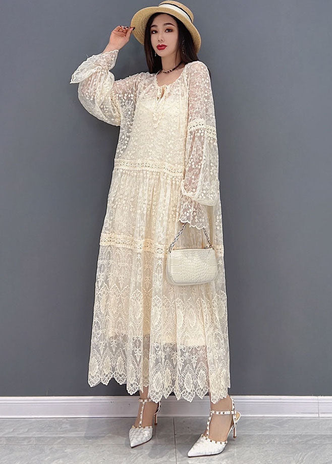 Beige O-neck Hollow Out Lace Holiday Dress Long Sleeve