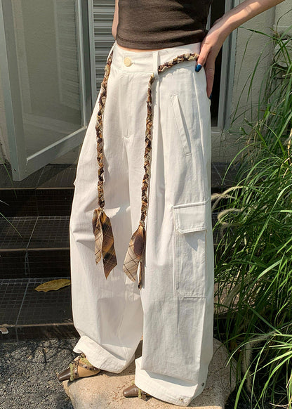 White Pockets High Waist Cotton Wide Leg Pants Fall