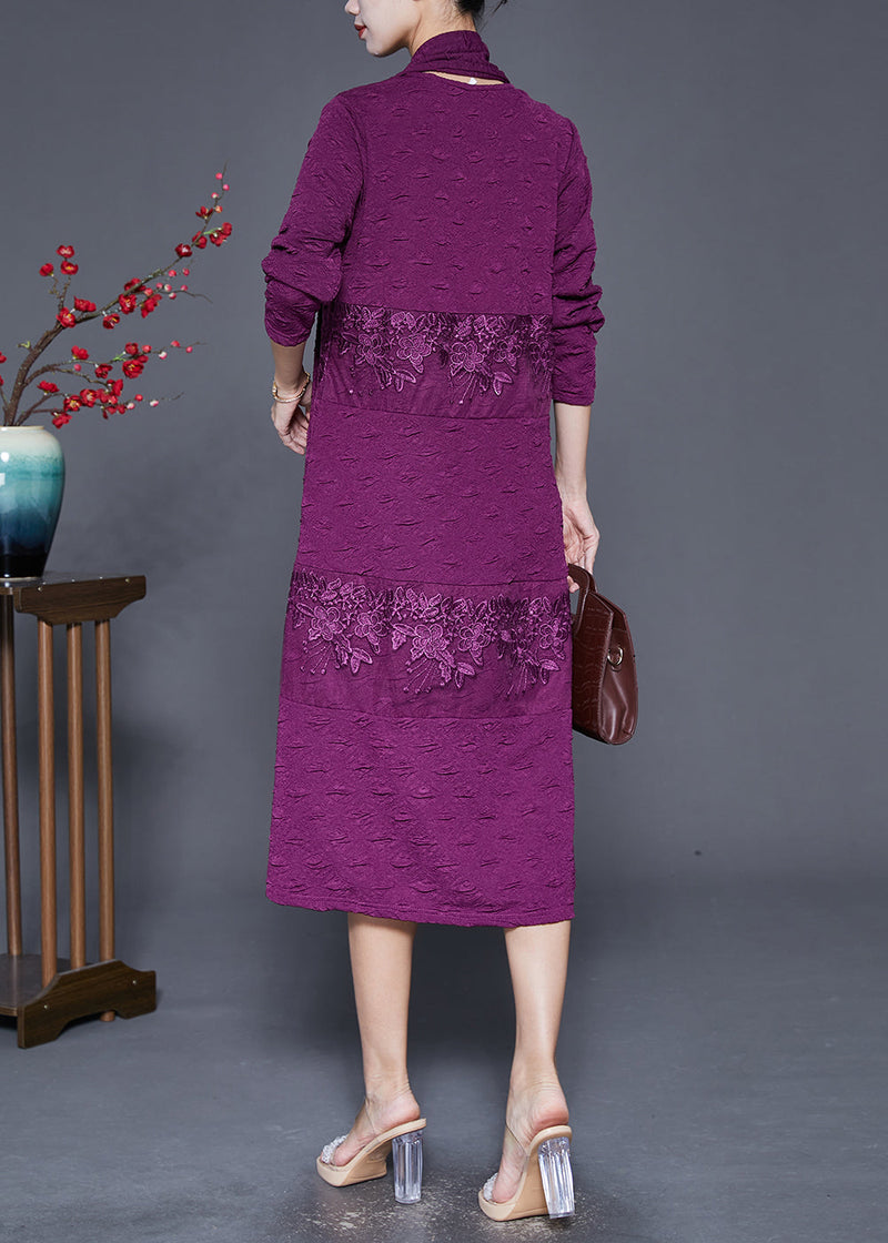 Purple Embroideried Patchwork Scarf Long Dress Fall