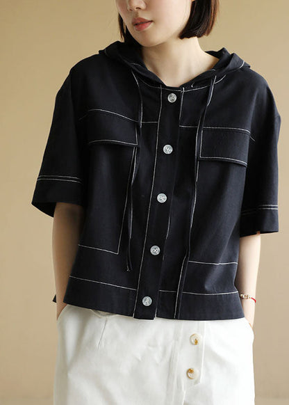 Navy Drawstring Hooded Cotton Short Coat Half Sleeve