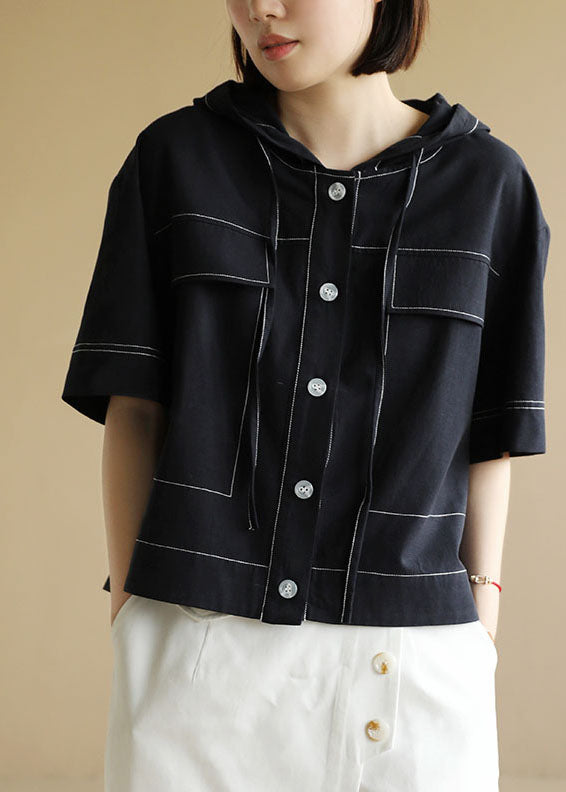 Navy Drawstring Hooded Cotton Short Coat Half Sleeve