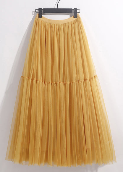 Yellow Wrinkled Elastic Waist Tulle Skirt Summer