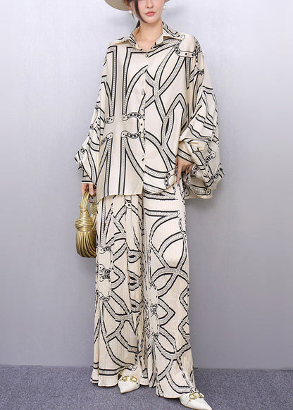 White Oversized Print Silk Two Piece Set Outfits Batwing Sleeve