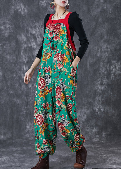 Green Oversized Print Cotton Overalls Jumpsuit Fall