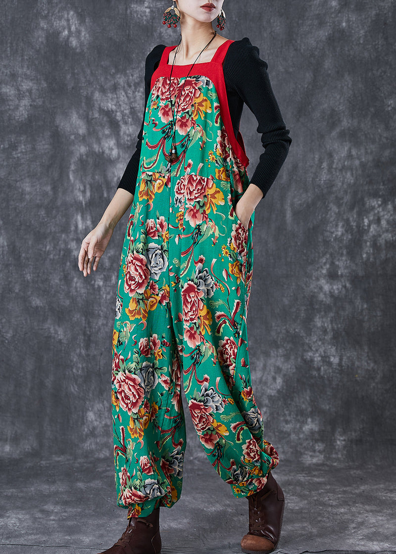 Green Oversized Print Cotton Overalls Jumpsuit Fall