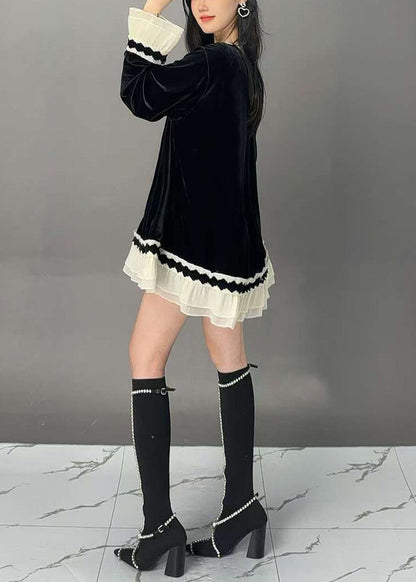 New Black O-neck Patchwork Silk Velour Tops Flare Sleeve