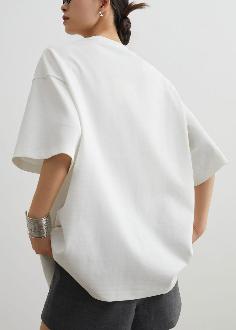 Handmade White Rose Nail Bead Cotton T Shirts Half Sleeve