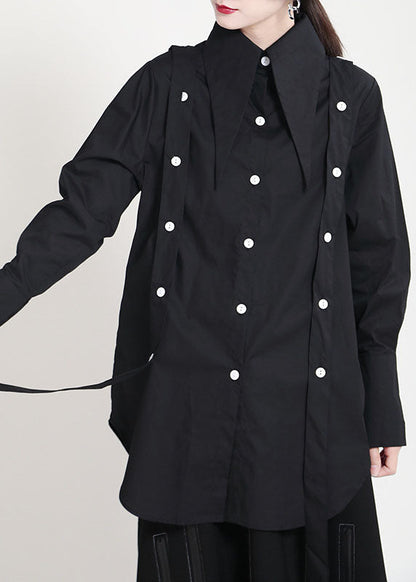 Black Peter Pan Collar Button Asymmetrical Design Patchwork Fall Shirts Long Sleeve