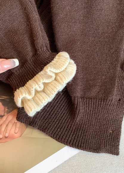Coffee Ruffled Button Patchwork Knit Coats Winter