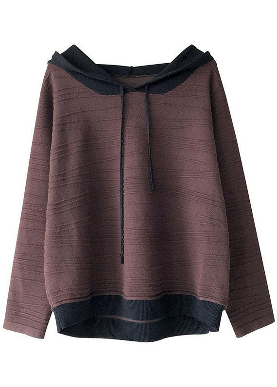 Khaki Hooded Drawstring Patchwork Fall Knit Sweatshirts Top