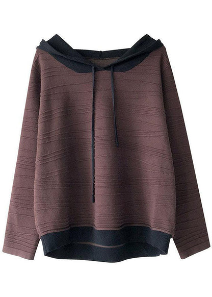 Khaki Hooded Drawstring Patchwork Fall Knit Sweatshirts Top