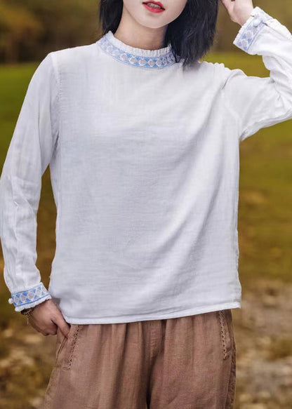 Pink O-neck Ruffled Patchwork Embroideried T Shirt Long Sleeve