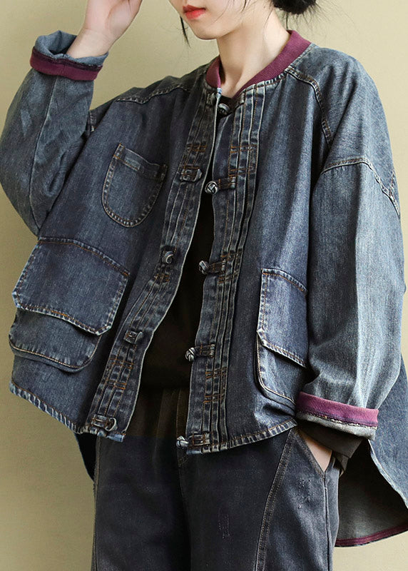 Blue O-neck Patchwork Low High Design Cotton Denim Coats Spring