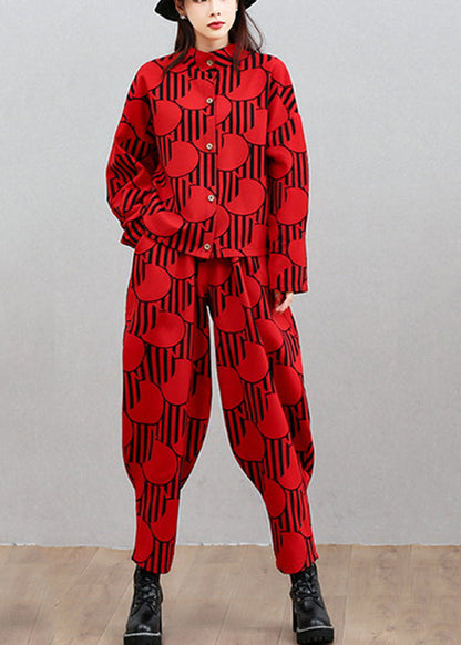 French Red Stand Collar Shirts and Beam Pants Two Pieces Set Long Sleeve Spring
