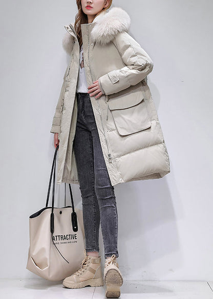 Boutique Beige Fur Collar Hooded Drawstring Cotton Blend Coat Winter