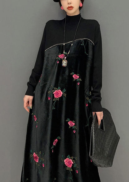 Black High Neck Embroideried Knit Patchwork Silk Velour Dress Spring