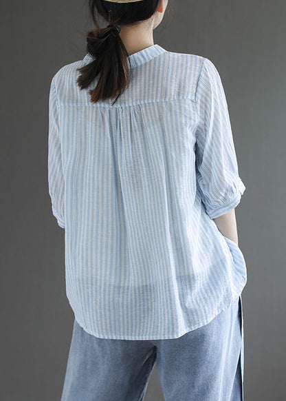Blue Striped Cotton Shirt Top O-neck Oversized Half Sleeve