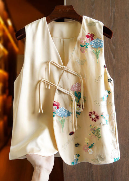 Apricot V Neck Embroideried Button Patchwork Tulle Waistcoat Sleeveless