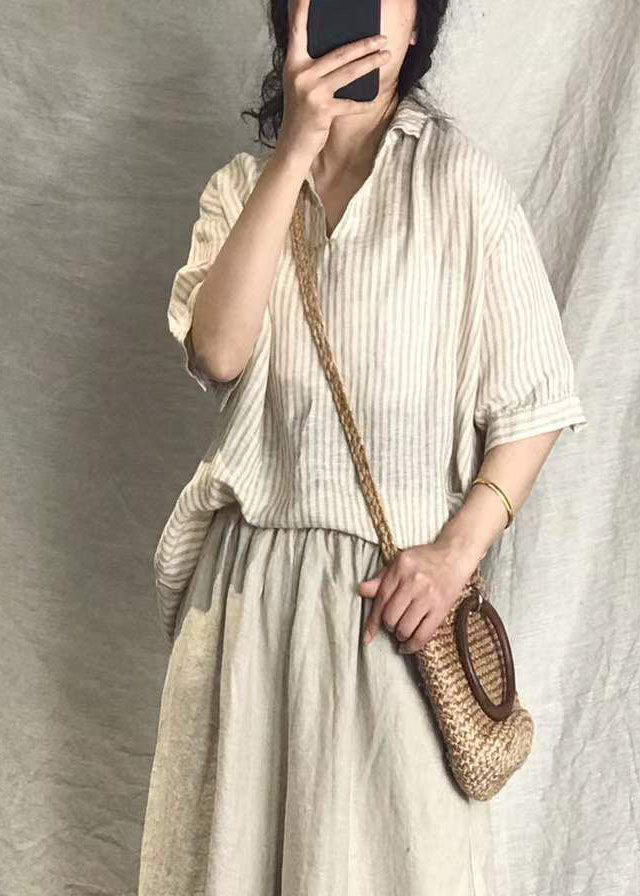Grey V Neck Striped Linen Top Short Sleeve