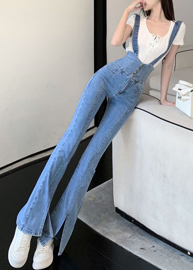 Blue High Waisted Shoulder Strap Denim Flared Pants Summer