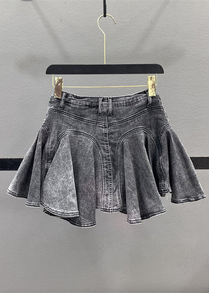 French Blue Ruffled Patchwork Denim Zippered Skirt Summer