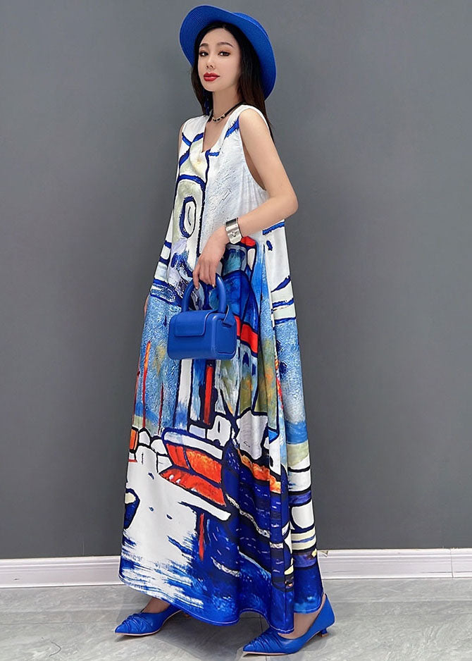 White V Neck Graphic Print Chiffon a Line Long Dress Sleeveless