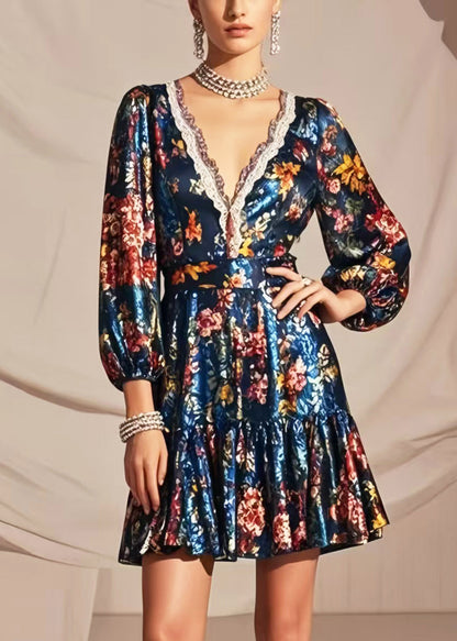 Art Peacock Blue V Neck Print Silk Mini Dress Bracelet Sleeve