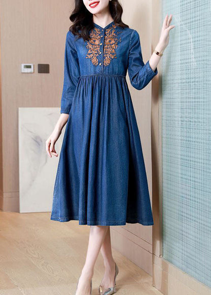 Blue Embroideried Exra Large Hem Cotton Denim Dress Bracelet Sleeve