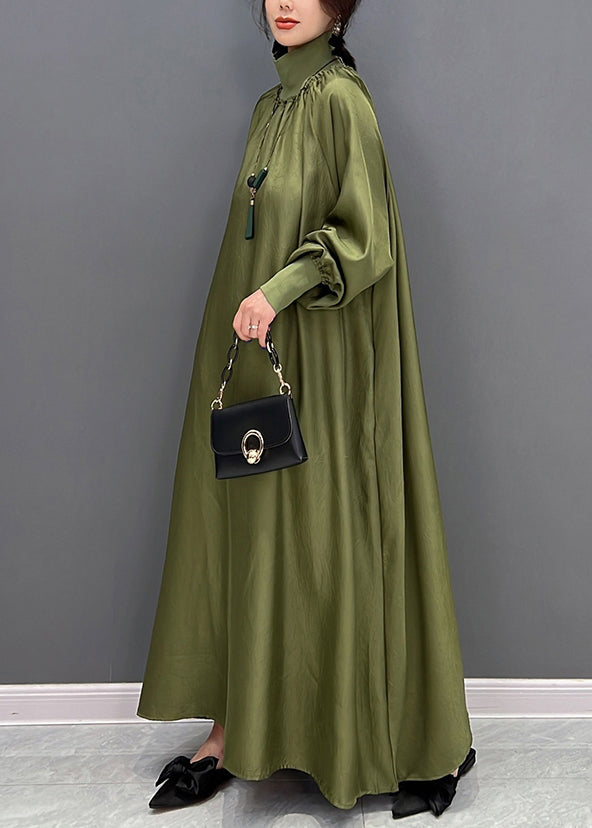 Green Hign Neck Wrinkled Patchwork Silk Long Dresses Fall