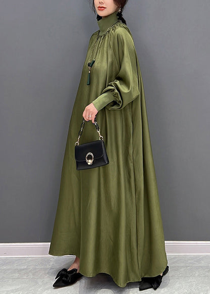 Green Hign Neck Wrinkled Patchwork Silk Long Dresses Fall