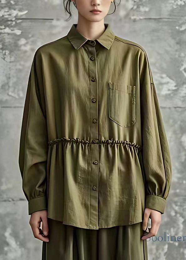 Army Green Ruffled Patchwork Top Fall