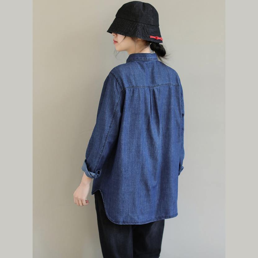 Diy Lapel Pockets Spring Clothes for Pattern Denim Blue Shirt