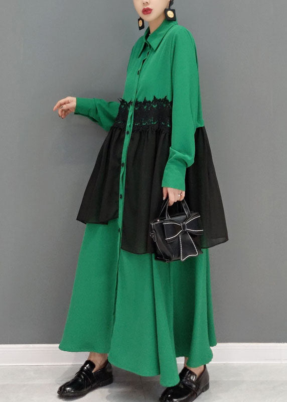 Green Button Peter Pan Collar Lace Patchwork Shirt Dress Spring