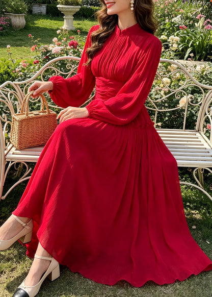 Art Red Wrinkled Patchwork Silk Cotton Dress Long Sleeve