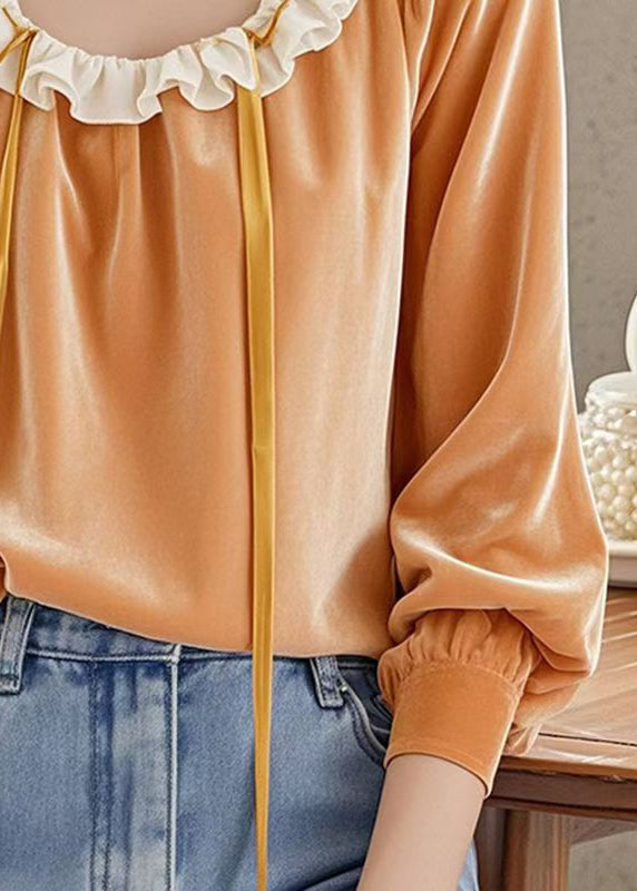 Orange Ruffled Patchwork Velour Shirt Top Fall