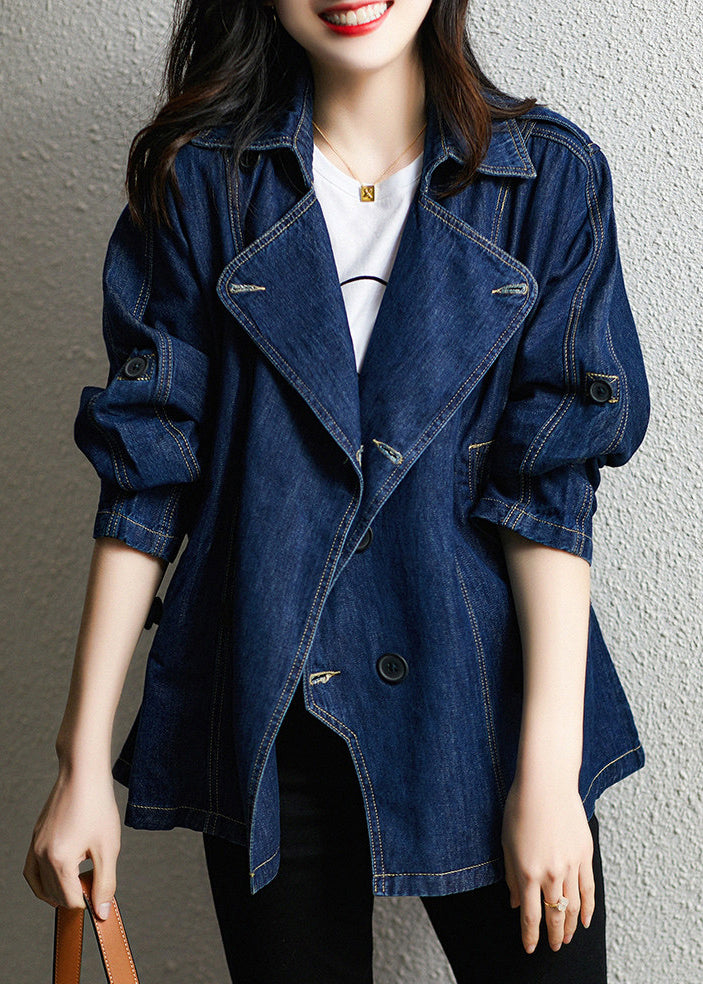 Dark Blue Square Collar Patchwork Button Denim Coats Fall