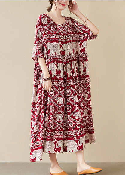 Mulberry Elephant Print Chiffon Long Dress Wrinkled Half Sleeve